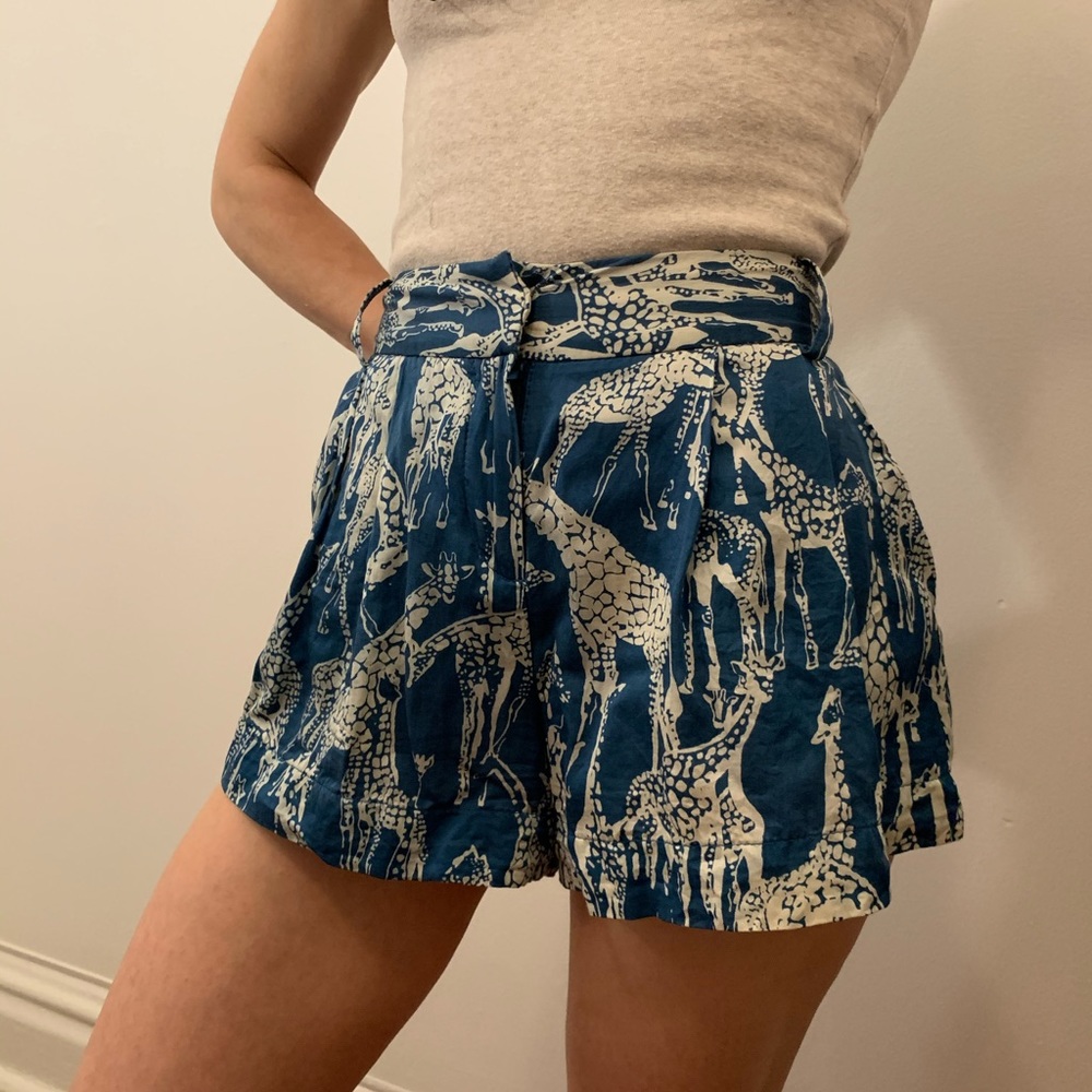 High rise Silk Cotton Teal Giraffe print shorts 4